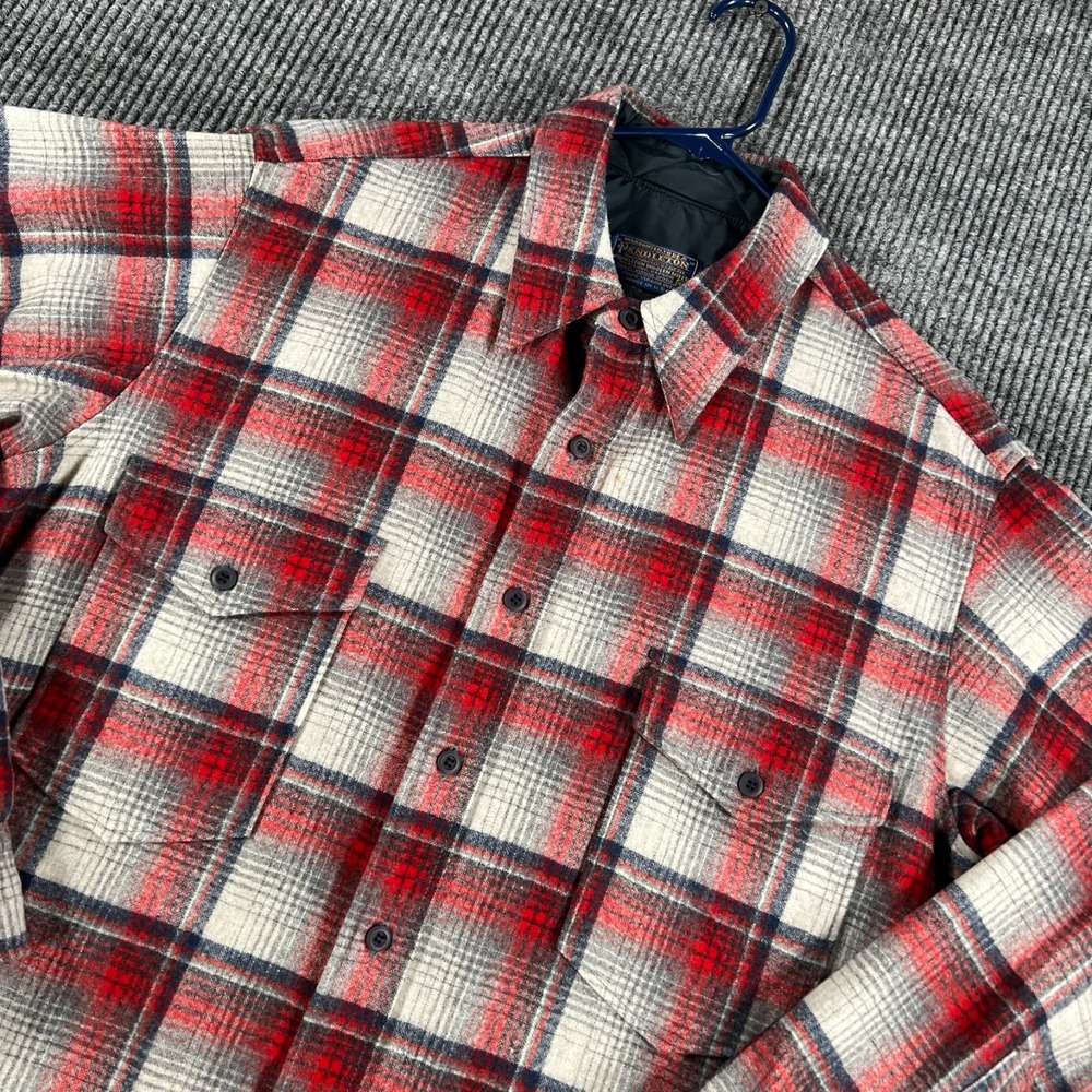 Pendleton Shirt Mens 16.5 Large Red Gray Plaid Long Sleeve Button Down Wool